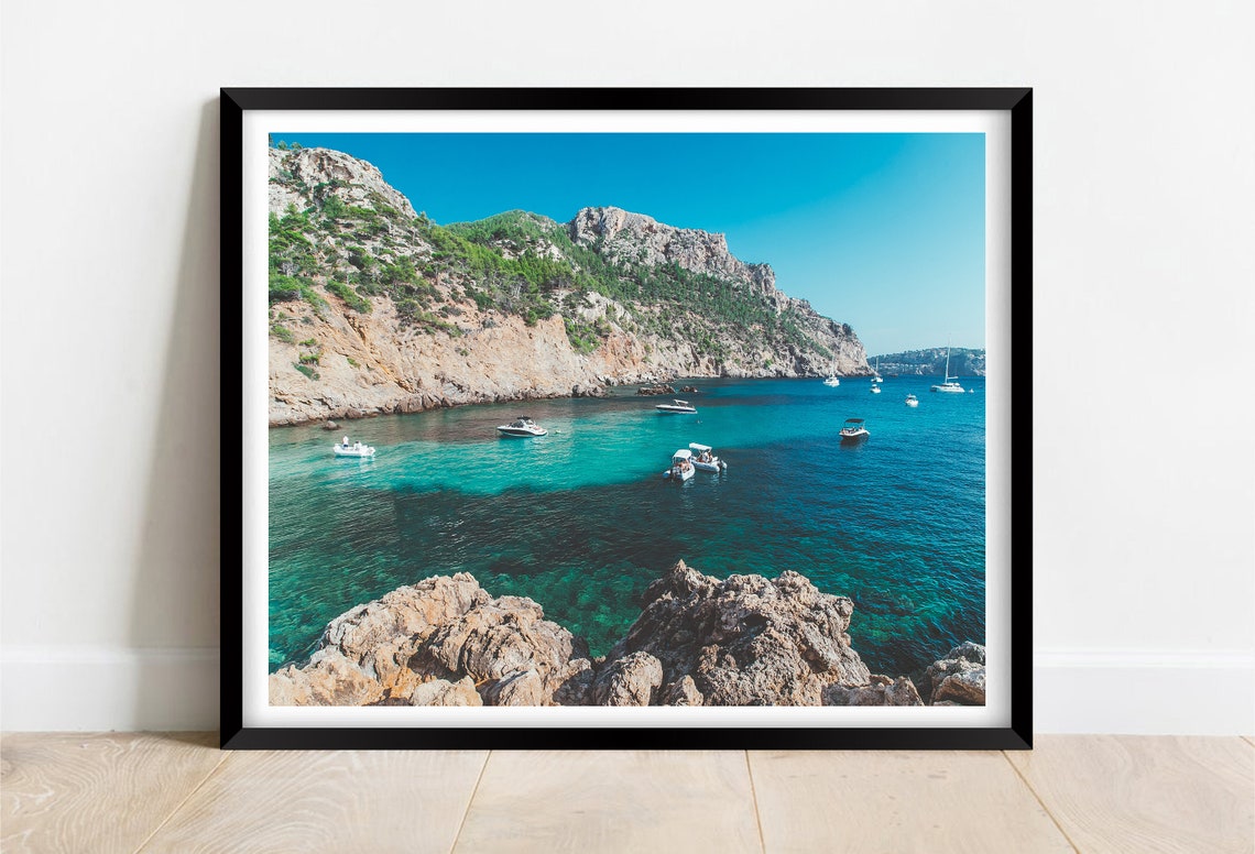 Mallorca Turquoise Cove with Boats and Green Rocky Cliffs Poster