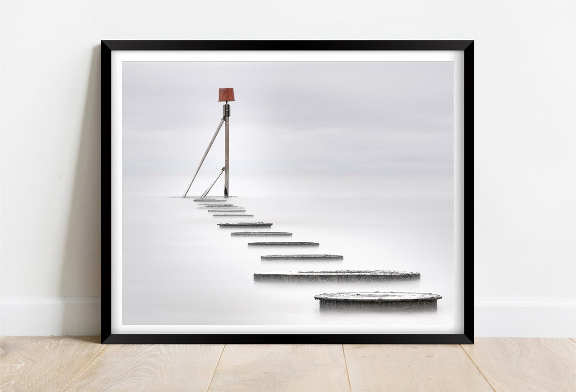 Mablethorpe Beach Minimalist Sea Beacon in White Mist Poster