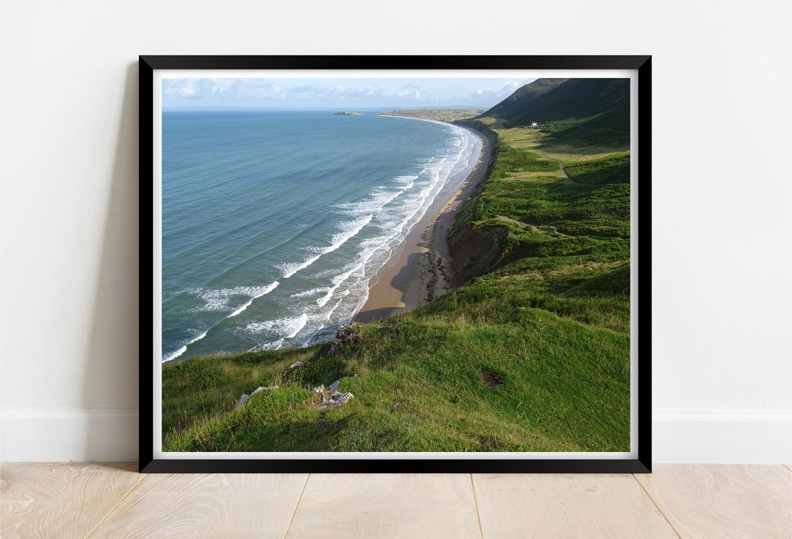 Rhossili Bay Rolling Waves Beneath Gower Cliffs Wales Poster