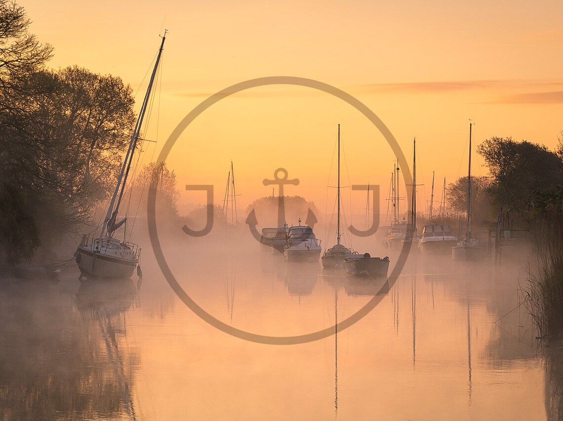 River Frome Wareham Dorset Sunrise Misty Boats Landscape Print - Image 3