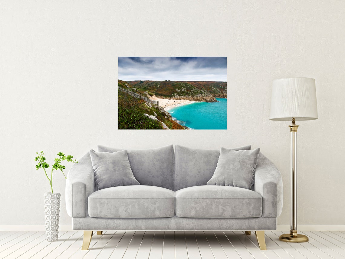 Porthcurno Beach Cornwall Turquoise Sea White Granite Cliffs Poster - Image 2