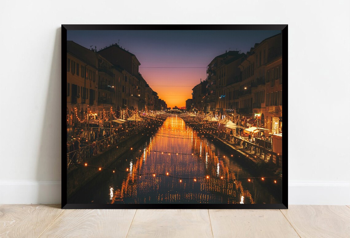 Milan Naviglio Grande Canal Night Lights Reflection Photo Poster - Image 2