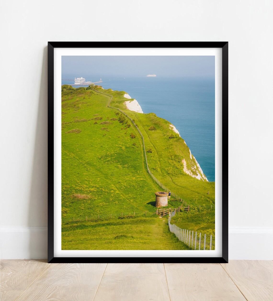 White Cliffs Of Dover Green Headland Ships English Channel Kent Poster