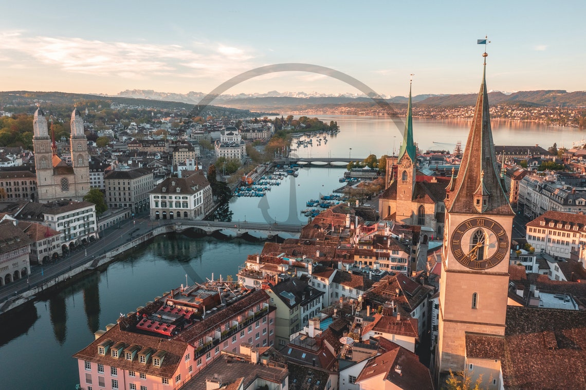 Zurich Old Town Churches And Lake At Sunset Aerial View Poster - Image 3