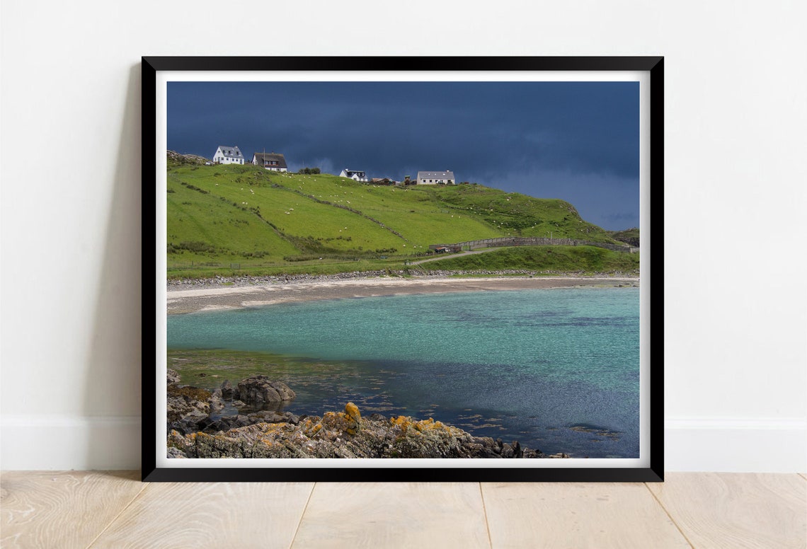 Scourie Bay Scotland Green Hillside Cottages Turquoise Bay Poster