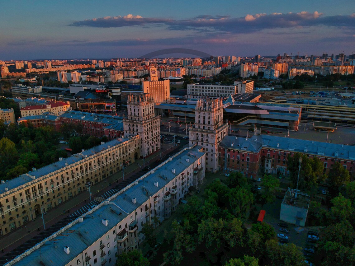 Minsk Belarus Station Square Twin Towers At Golden Sunset Poster - Image 3