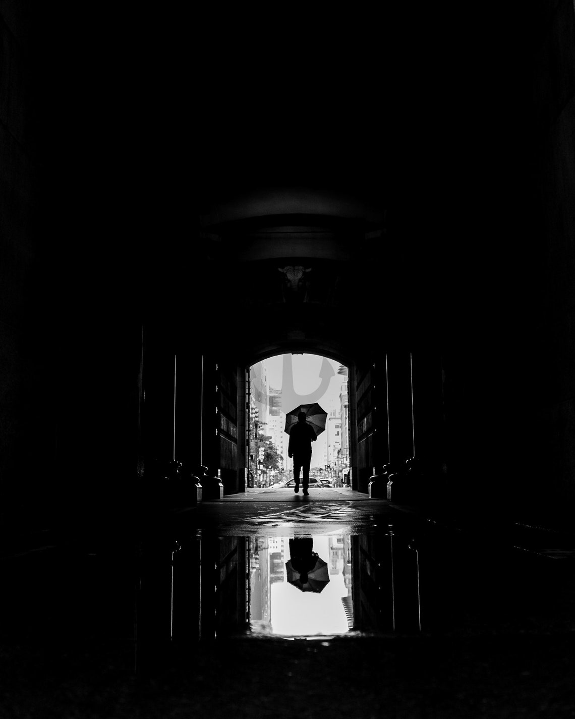 Black And White Rain Reflection Umbrella Silhouette Archway Poster - Image 3