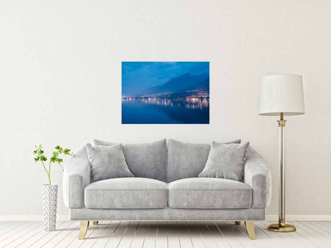Lake Como Italy Blue Hour Twilight Mountain Lights Reflection Poster - Image 2