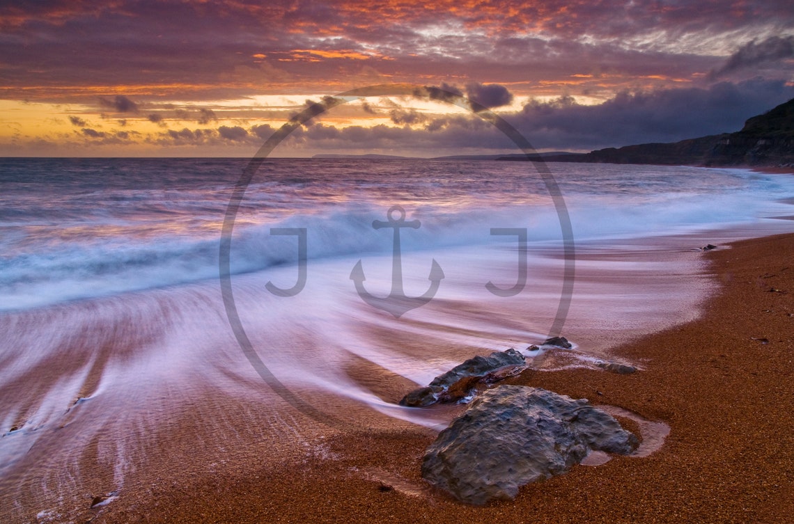 Dramatic Isle Of Wight Sunset Beach Rolling Surf Waves Poster - Image 3