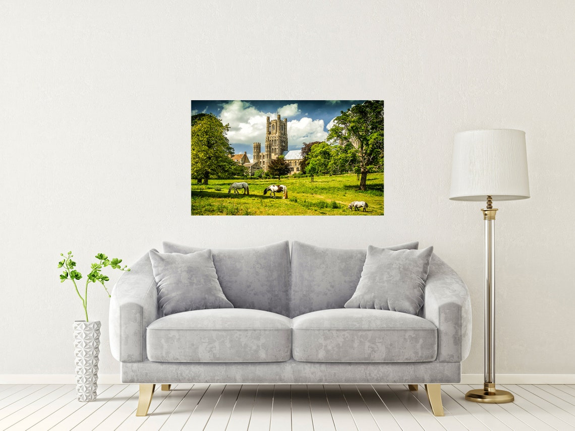 Ely Cathedral Towering Over a Meadow With Grazing Horses Poster - Image 2