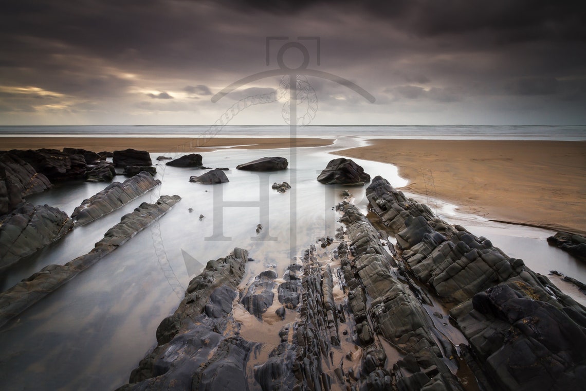 Sandymouth Beach Bude Cornwall Rocky Shoreline Evening Scene Poster - Image 3