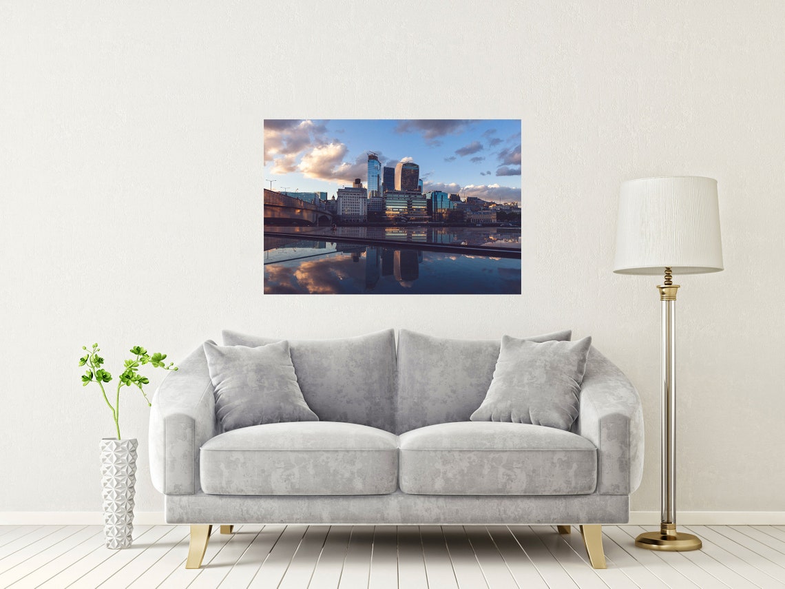 London City Skyline Sunset Reflections On The River Water Poster - Image 2