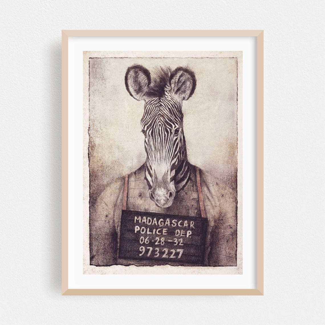 Zebra Mugshot Madagascar Police Department Funny Animal Poster