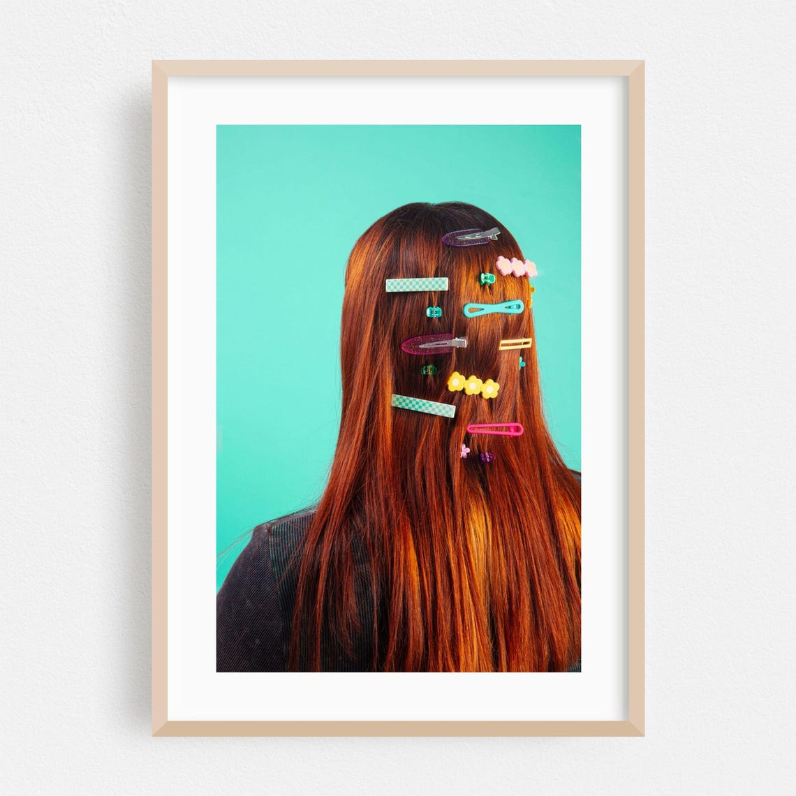 Retro Hair Clips Red Hair Teal Background Fashion Photo Print