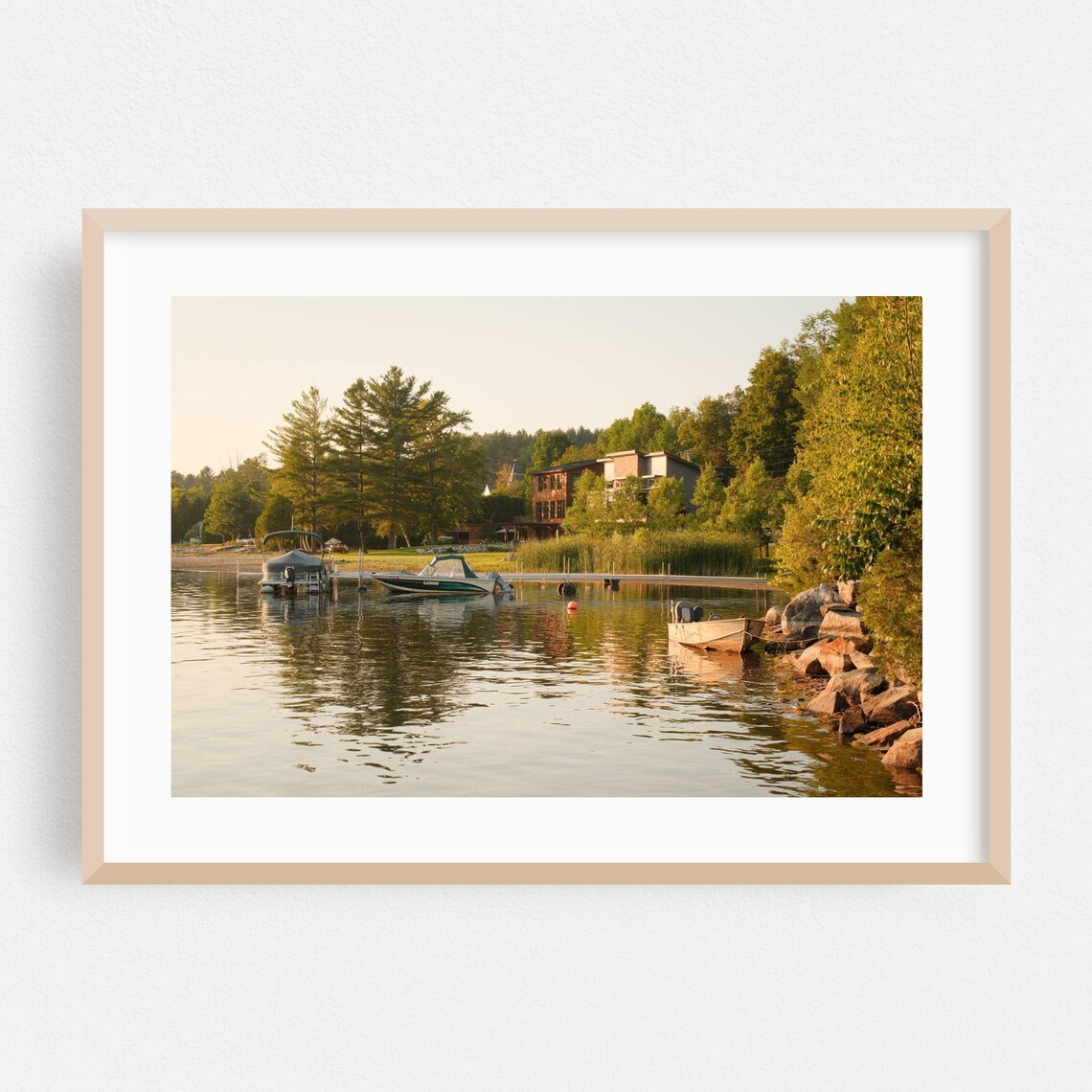 Lake House Sunset Boats Calm Water Lakeside Summer Travel Poster