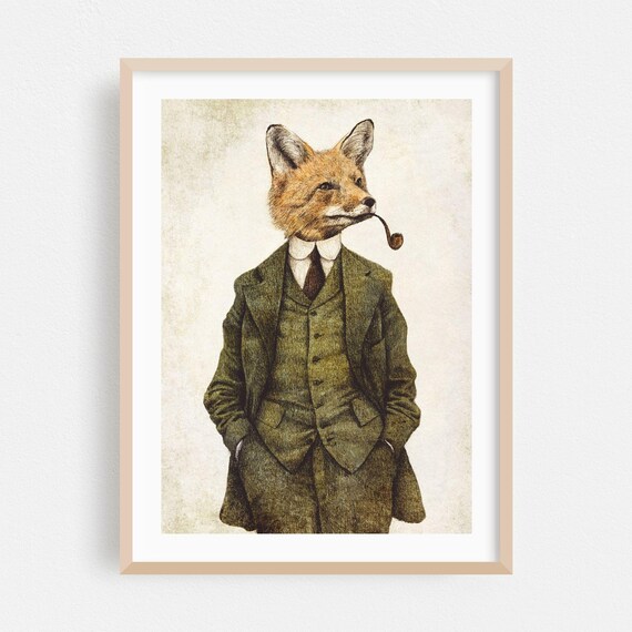 Surrealism Print Humor Wall Art Vintage Framed Retro Home Decor Drawing Poster The Fox Fine