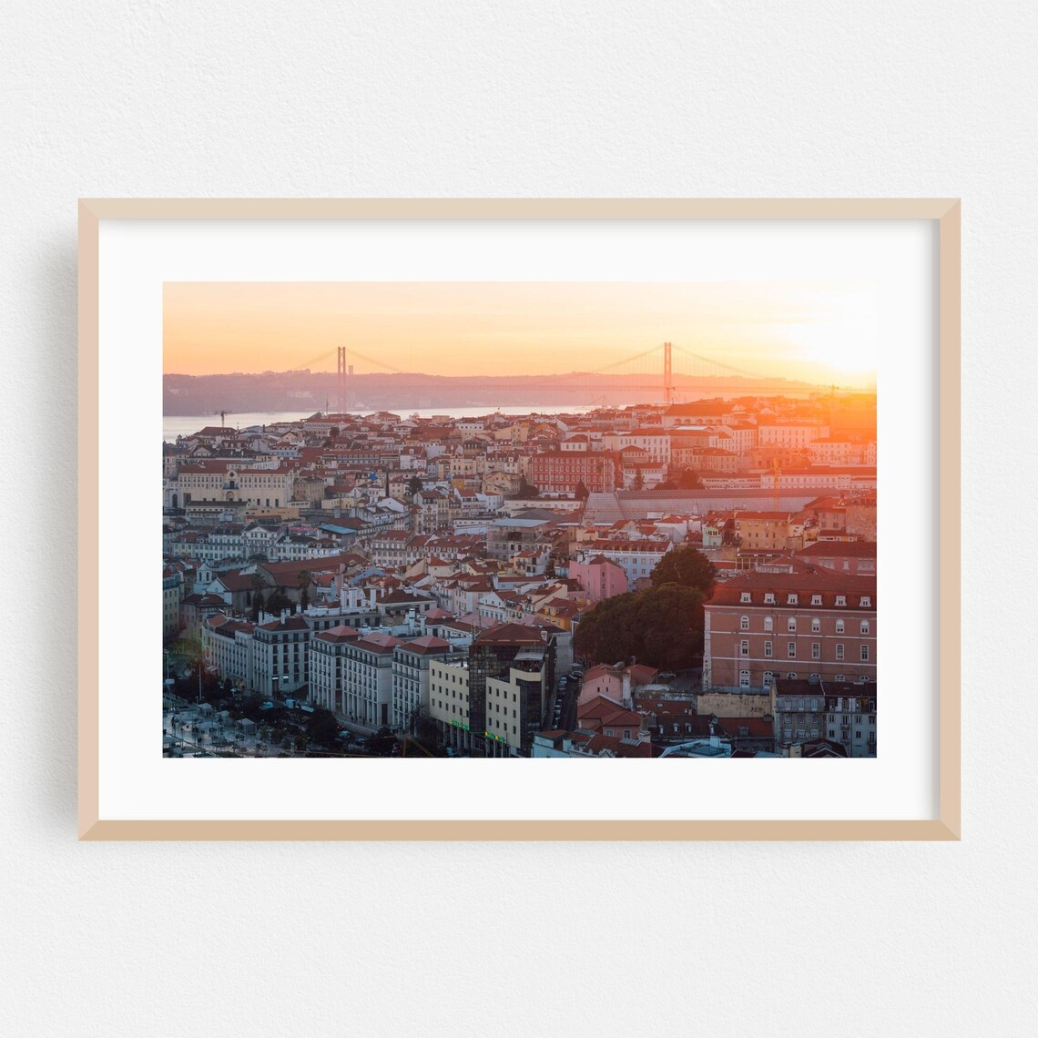 Lisbon Sunset Cityscape 25 De Abril Bridge Golden Hour Photo Poster