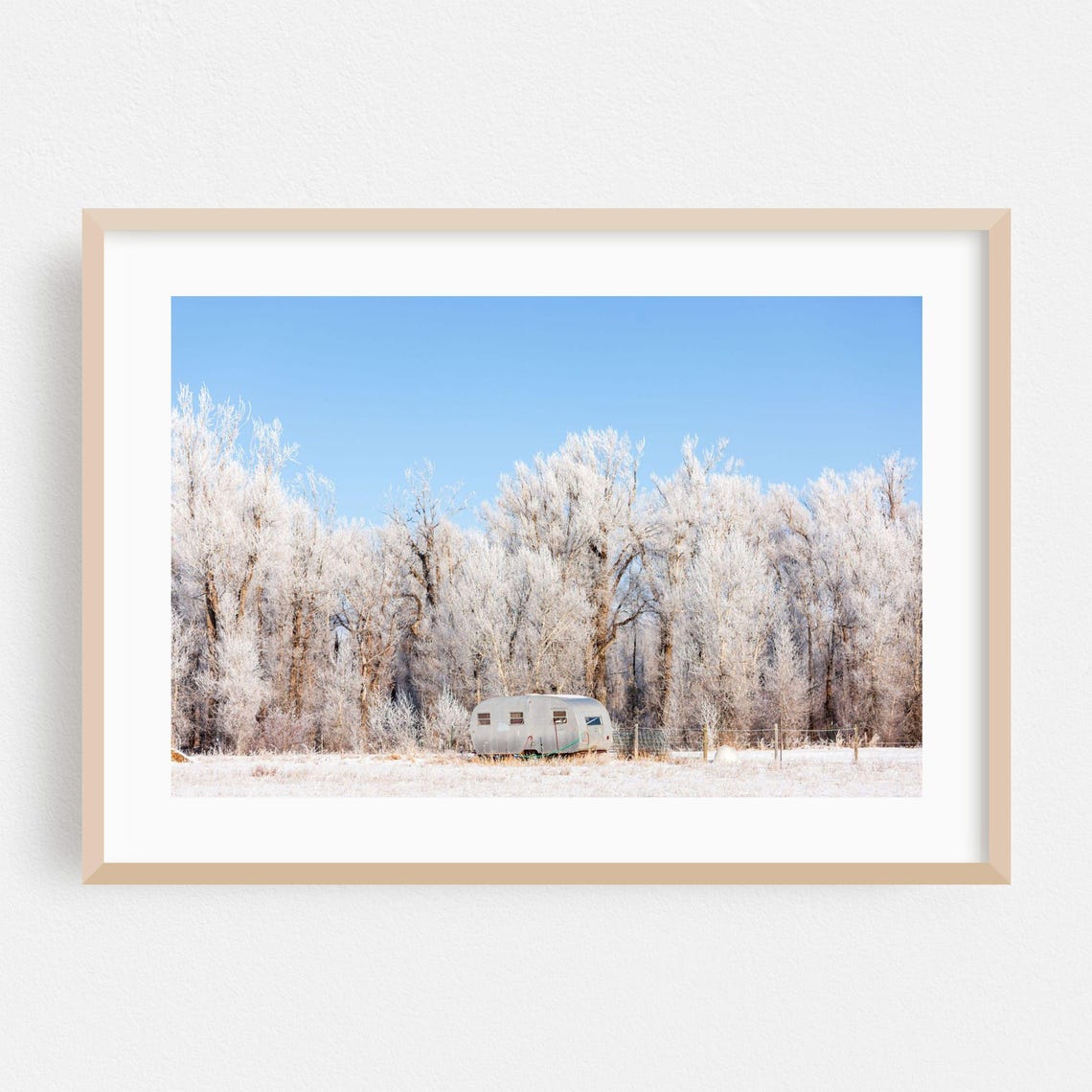 Snowy Winter Scene Frosted Trees Silver Trailer Rural Field Poster