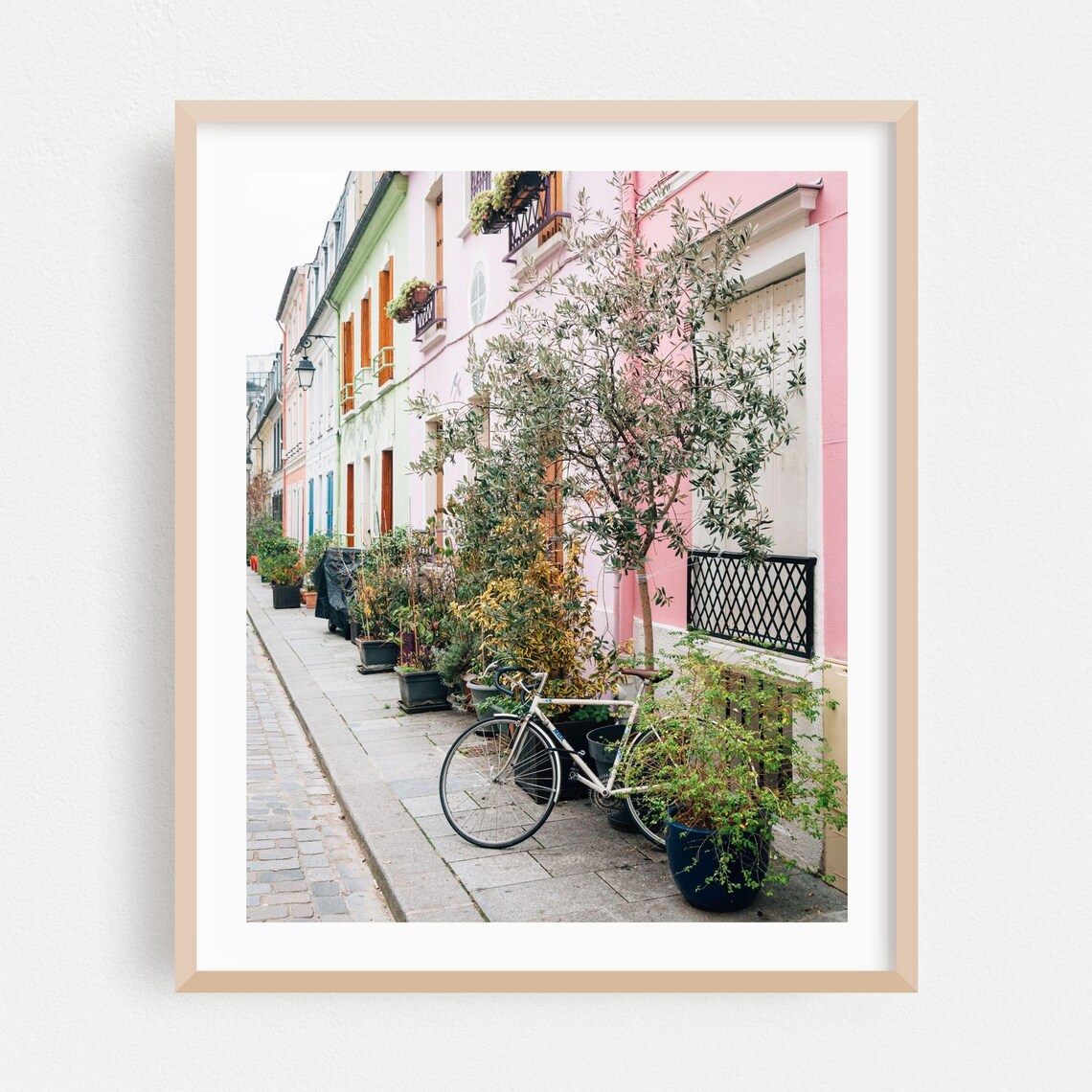 Pastel Pink Paris Street with Bicycle and Flower Pots Photo Poster