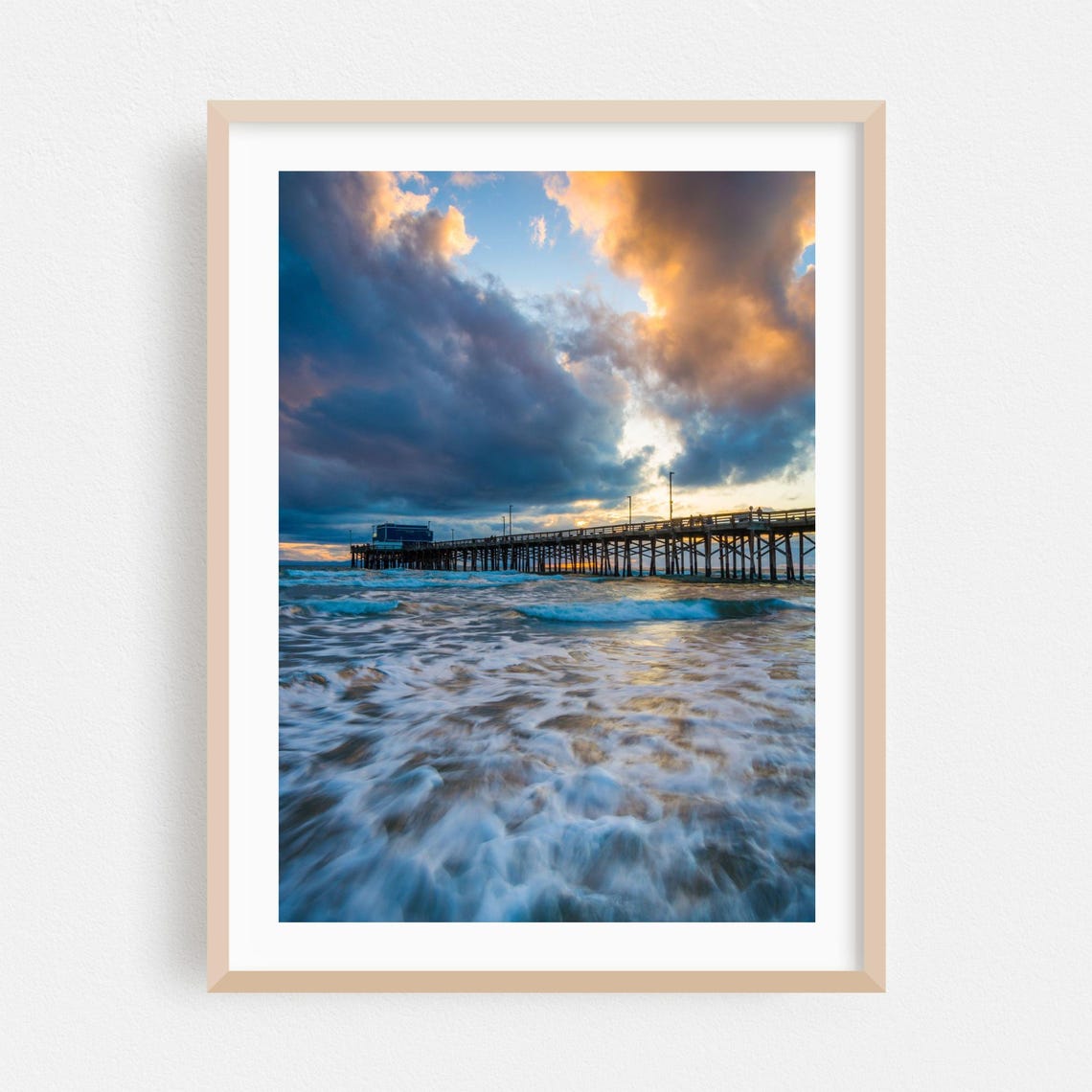 Newport Beach Pier Foamy Surf Waves Dramatic Cloudy Sky Poster