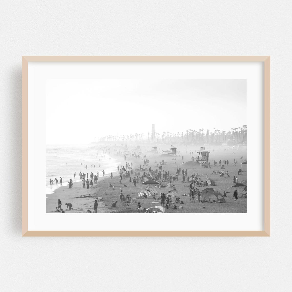 Huntington Beach California Busy Crowd Black White Beach Photo Poster