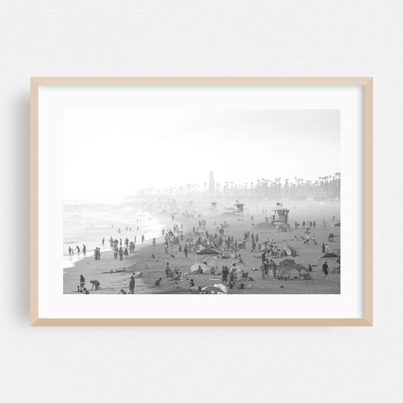 Huntington Beach California Busy Crowd Black White Beach Photo Poster