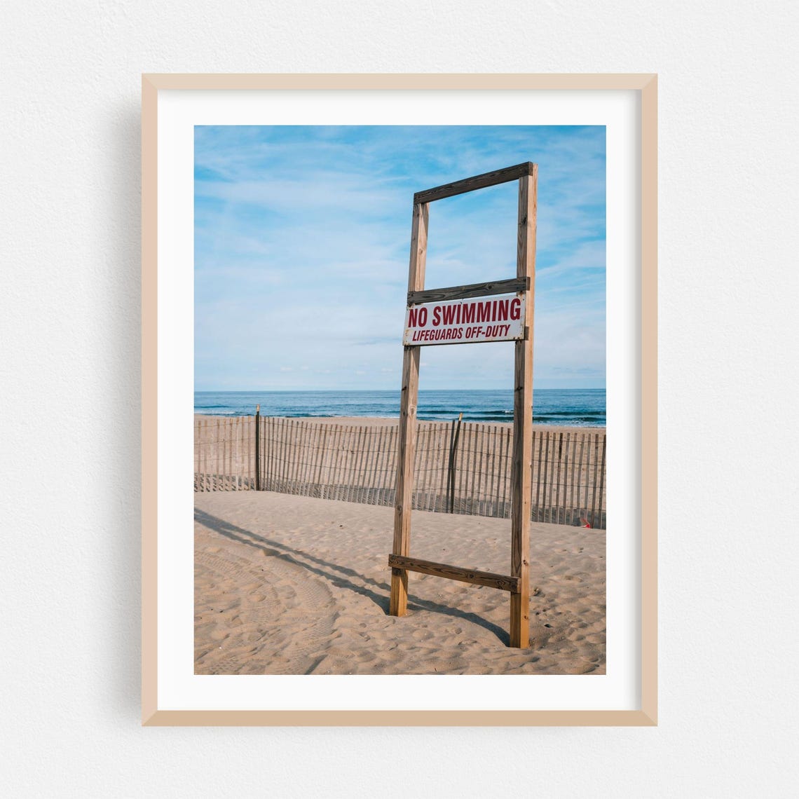 No Swimming Beach Lifeguard Sign Sandy Shoreline Coastal Photo Poster