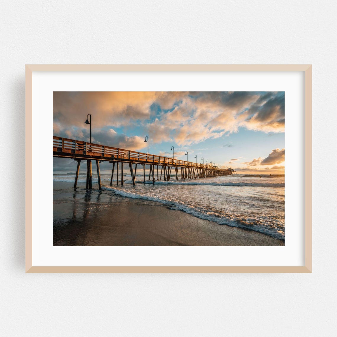 Ocean Pier at Golden Sunset Waves Coastal Photography Poster