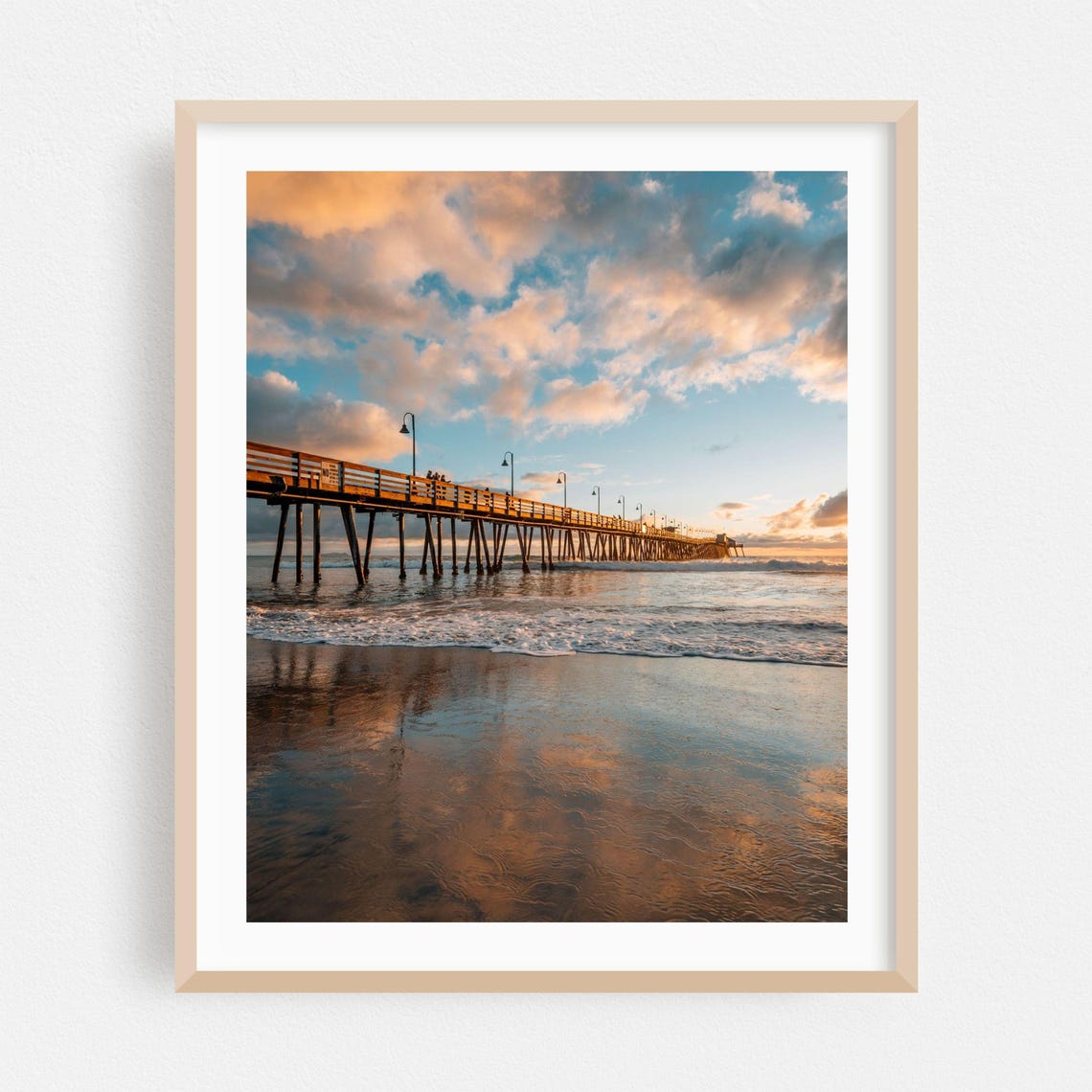 Golden Ocean Pier Sunset Mirrored on Wet Sand Beach Photo Poster