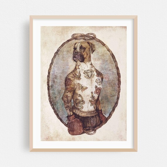 Boxer Dog Boxer Vintage Tattooed Portrait Illustration Poster