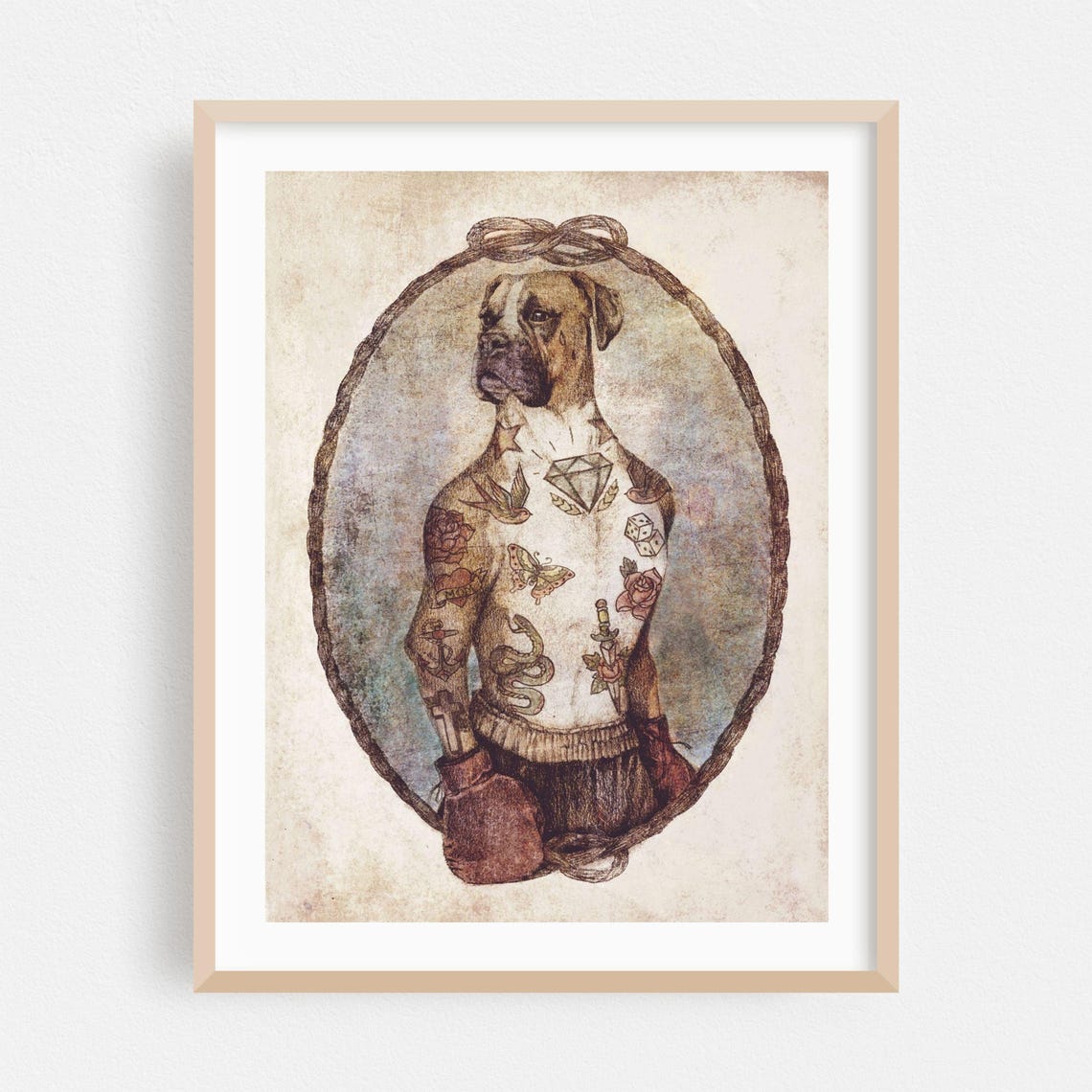 Boxer Dog Boxer Vintage Tattooed Portrait Illustration Poster