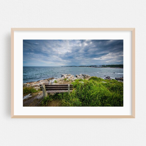 Rye New Hampshire Rocky Coast Ocean Bench Scenic Photography Poster
