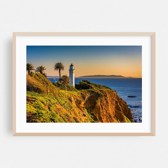 Lighthouse at Sunset on California Coastal Cliffs Golden Ocean Poster