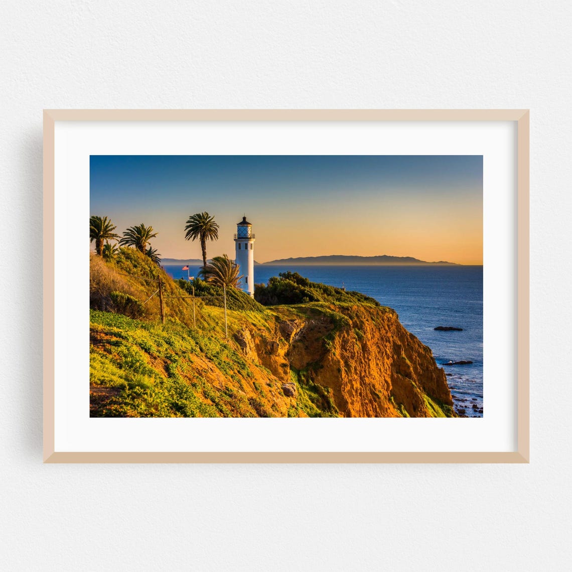 Lighthouse at Sunset on California Coastal Cliffs Golden Ocean Poster