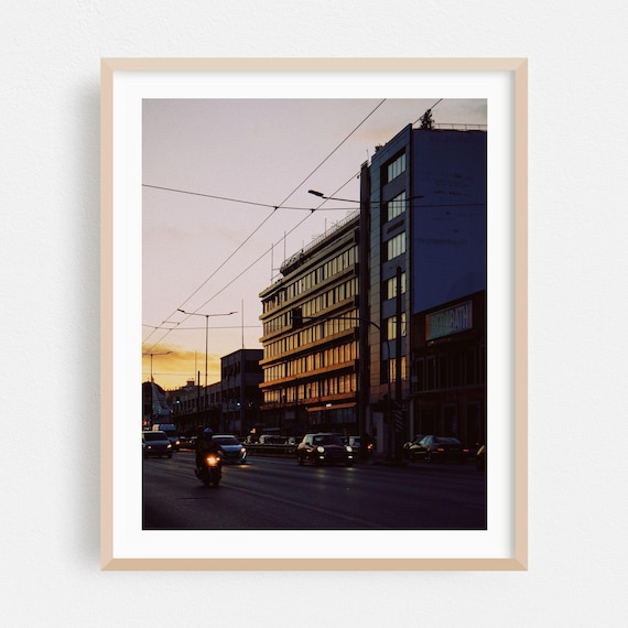 Piraeus Greece City Street Sunset Tram Urban Night Photo Art Poster