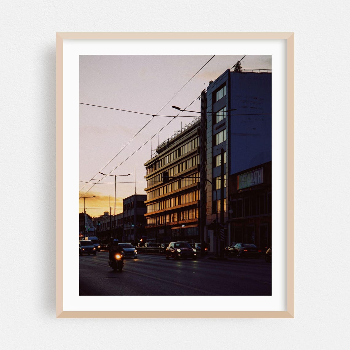 Piraeus Greece City Street Sunset Tram Urban Night Photo Art Poster