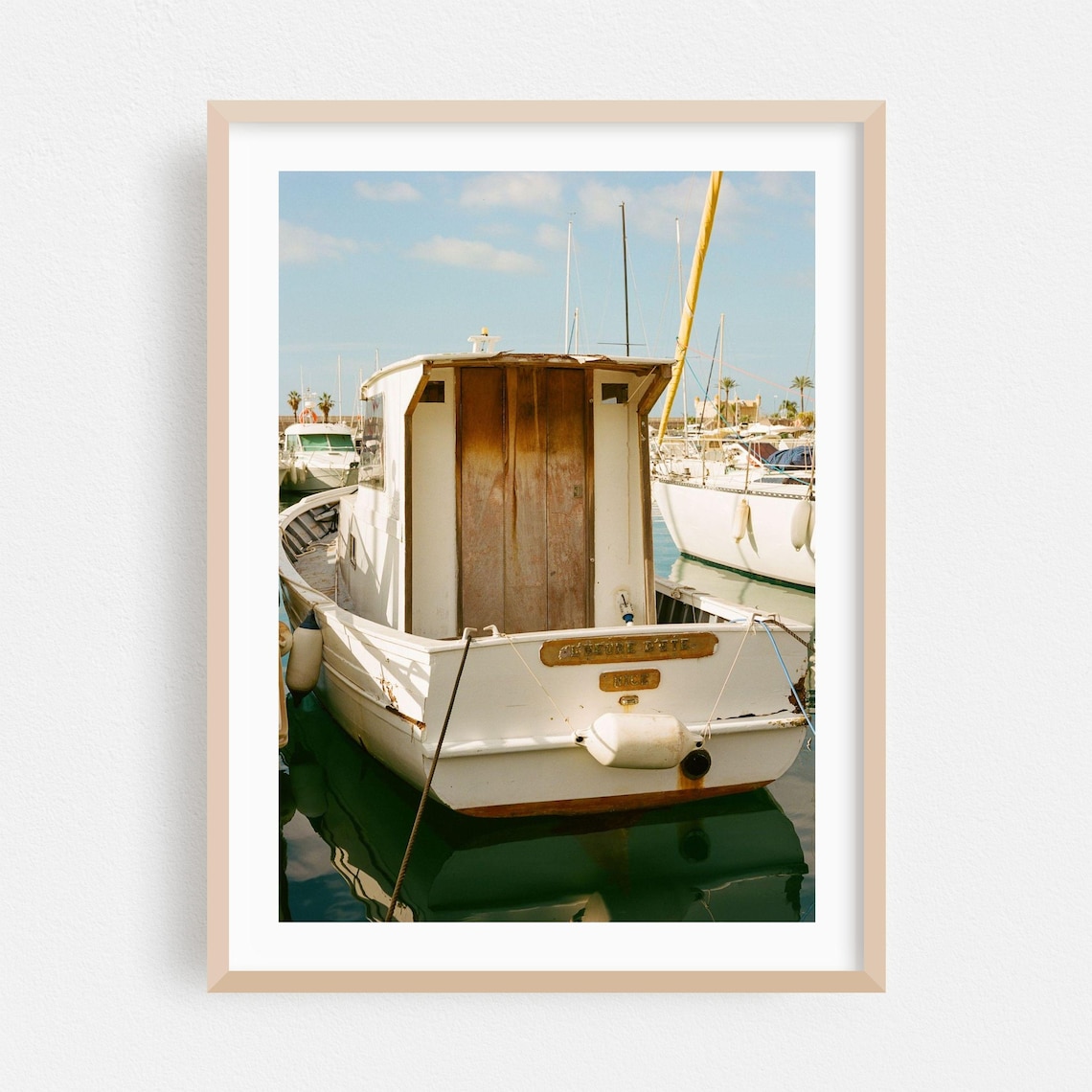 Menton Harbor Vintage White Wooden Fishing Boat Nautical Photo Poster