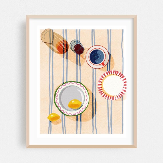 Watercolor Coffee and Lemon Table Setting Top-Down Illustration Print
