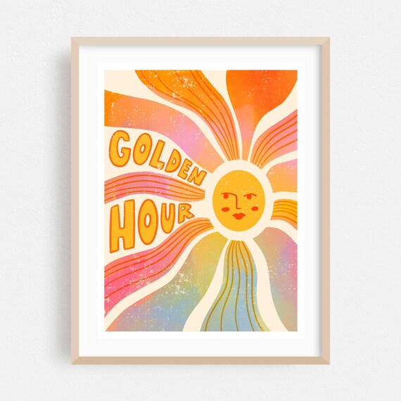 Golden Hour Psychedelic Smiling Sunshine Retro Groovy Boho Poster