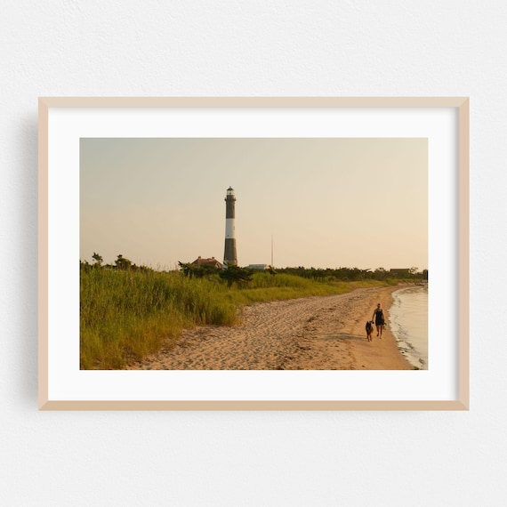 Fire Island Lighthouse Beach Dog Walk Golden Hour Coastal Scenic Poster