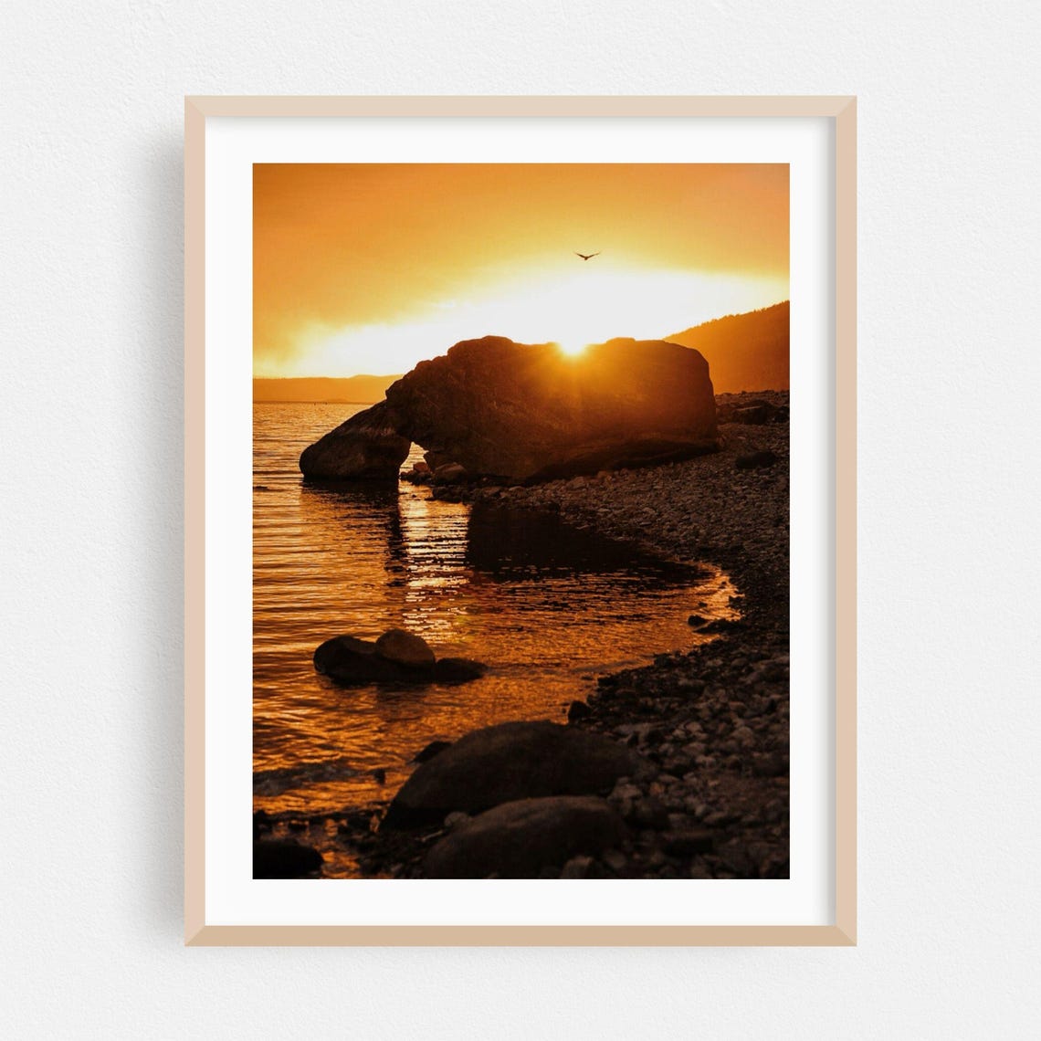Golden Sunset Over Rocky Lake Shoreline Water Reflection Nature Poster