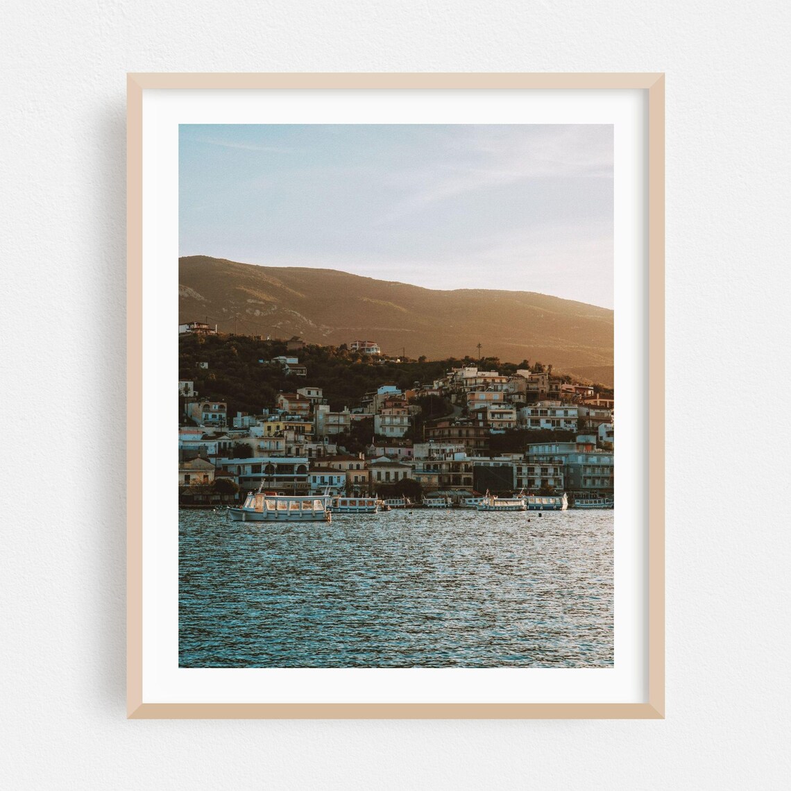 Poros Greece Golden Hour Harbor with a Hillside Town and Boats Poster