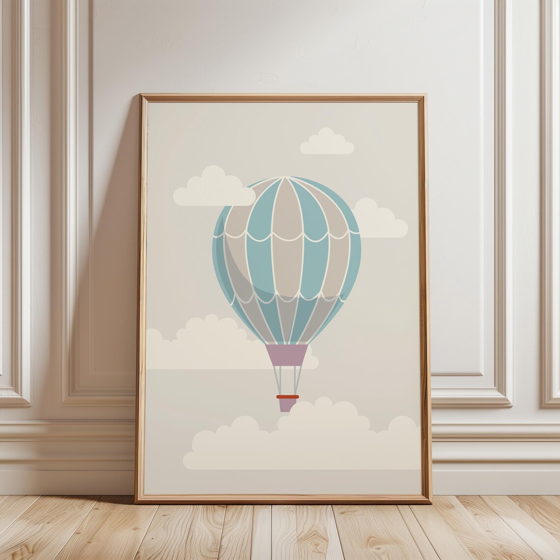 Pastel Hot Air Balloon Nursery Teal Striped Sky Clouds Poster