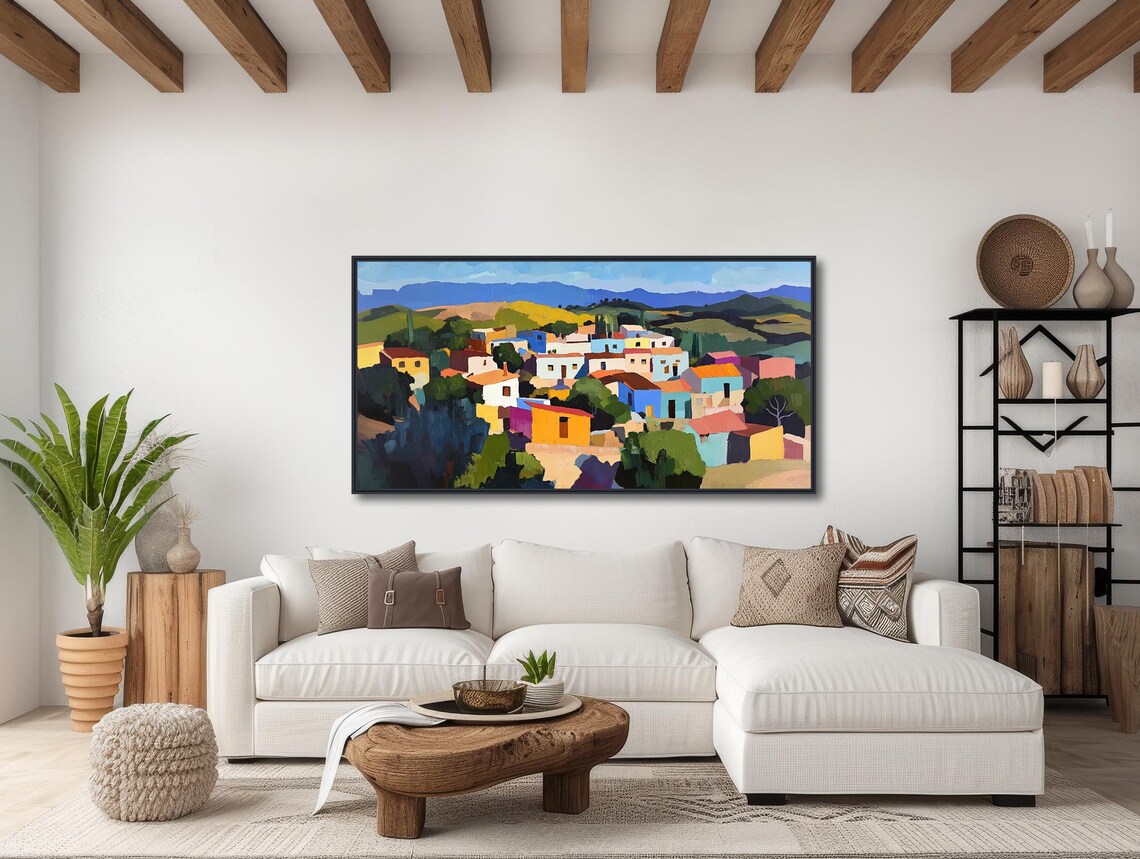 Colorful Mexican Village Painting Hillside Houses Mountains Wall Poster - Image 3