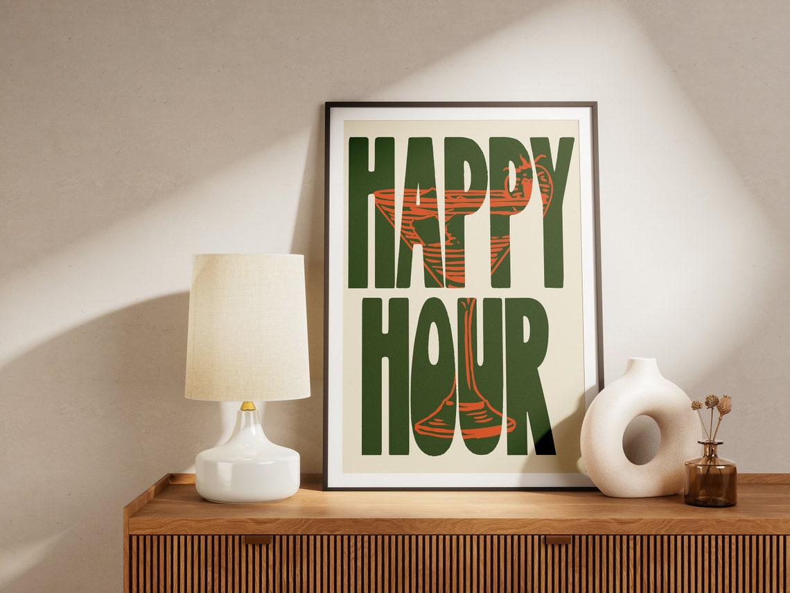 Happy Hour Green Bold Typography Cocktail Bar Wall Decor Poster - Image 3