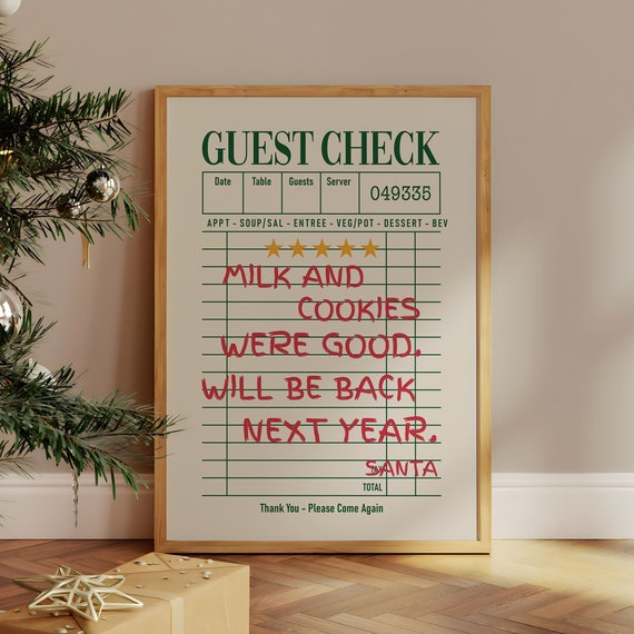 Cookies Were Good Guest Check Poster Vintage Print Trendy Christmas Santa Wall Art Funky Retro Digital File
