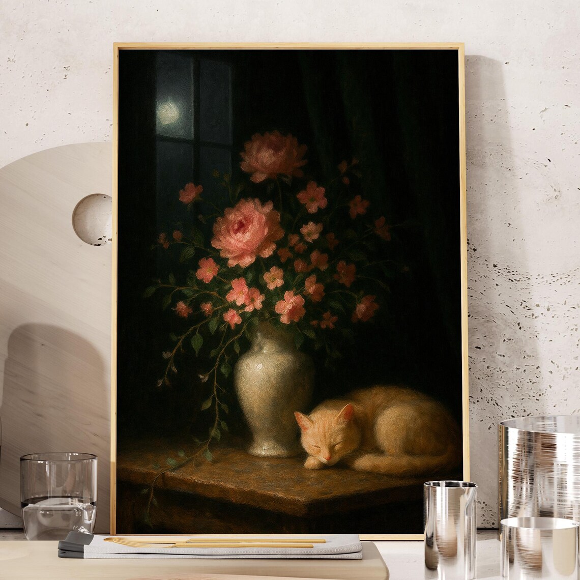 Sleeping Ginger Cat Beside Pink Roses In A Moonlit Window Vintage Cat Poster