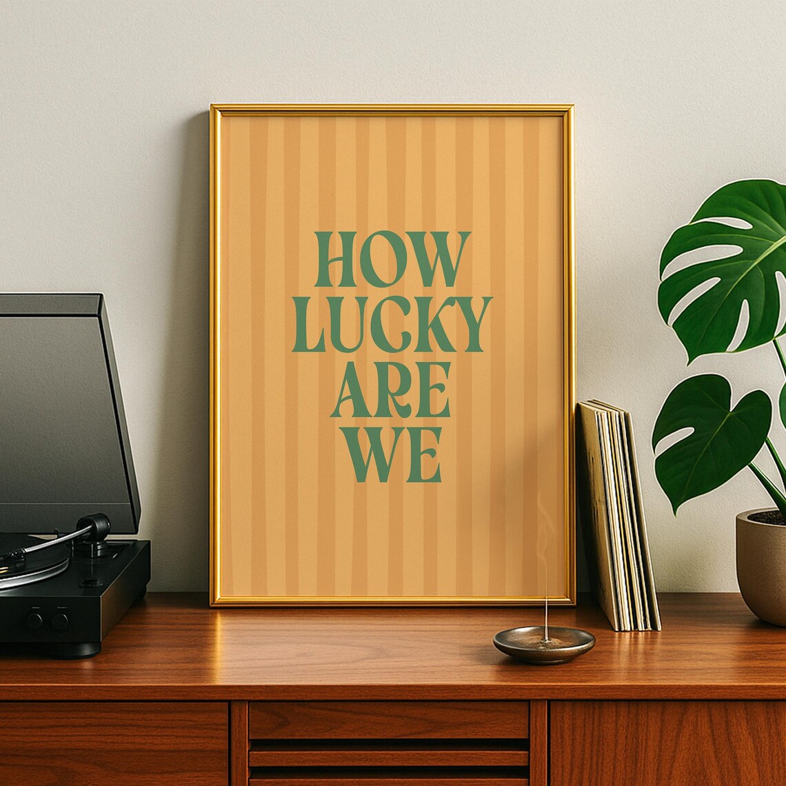 How Lucky Are We Green Retro Affirmation Peach Striped Poster
