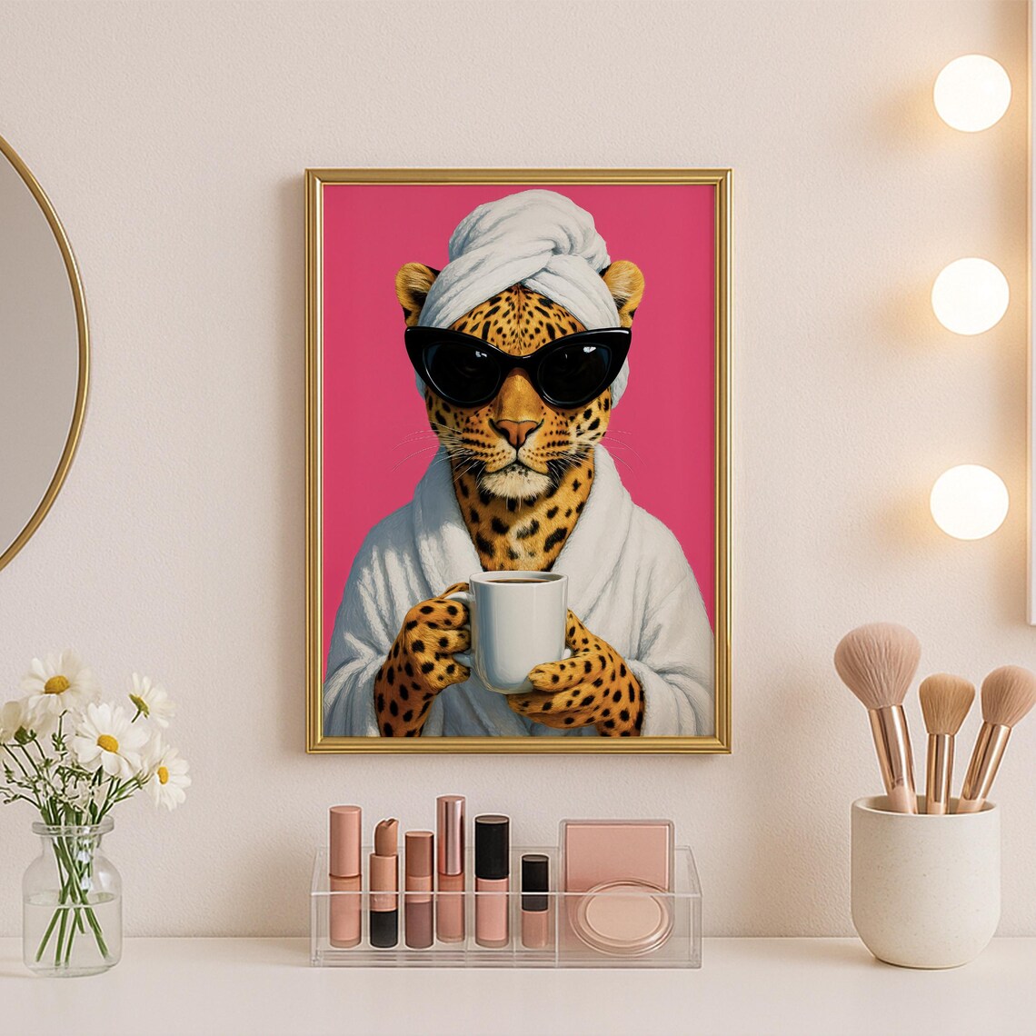 Leopard Drinking Coffee Wall Art Preppy Bathroom Dopamine Print Pink Funny Animal Maximalist