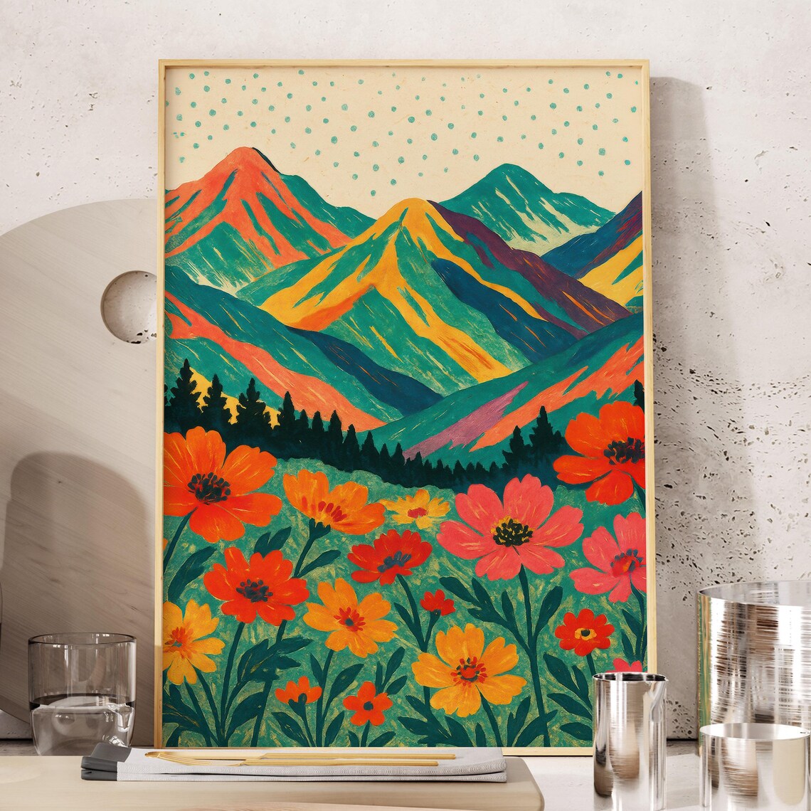 Colorful Maximalist Mountain Landscape Wildflower Meadow Art Poster